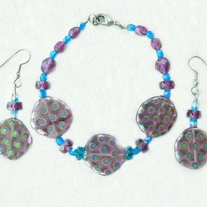 PURPLE & TEAL METALLIC POLKA DOT ART GLASS BRACELET & EARRINGS HANDMADE OOAK